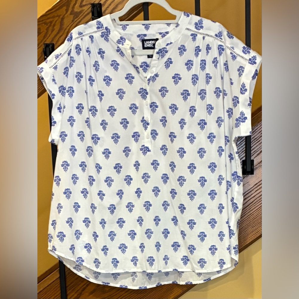 Lands End Cotton Voile Drop Shoulder Short Sleeve Top White BlueSZ. XL 18 Womens